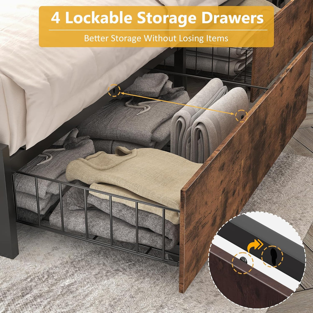 Lifezone Queen Bed Frame 2-Tier Storage Headboard Metal Platform Bed Frame 4 Storage Drawers