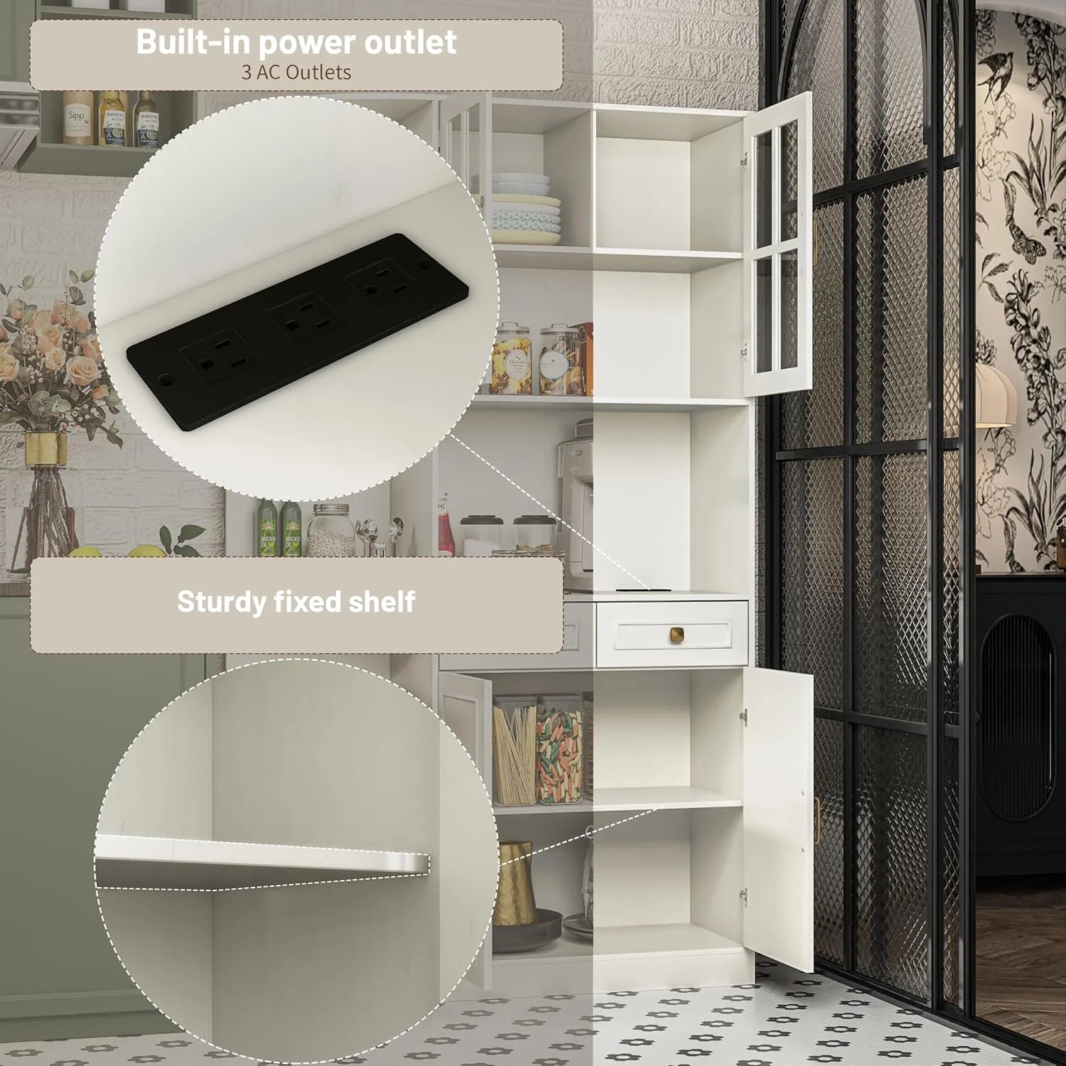 Kitchen Hutch Pantry Cabinet 71 Tall with Glass Doors