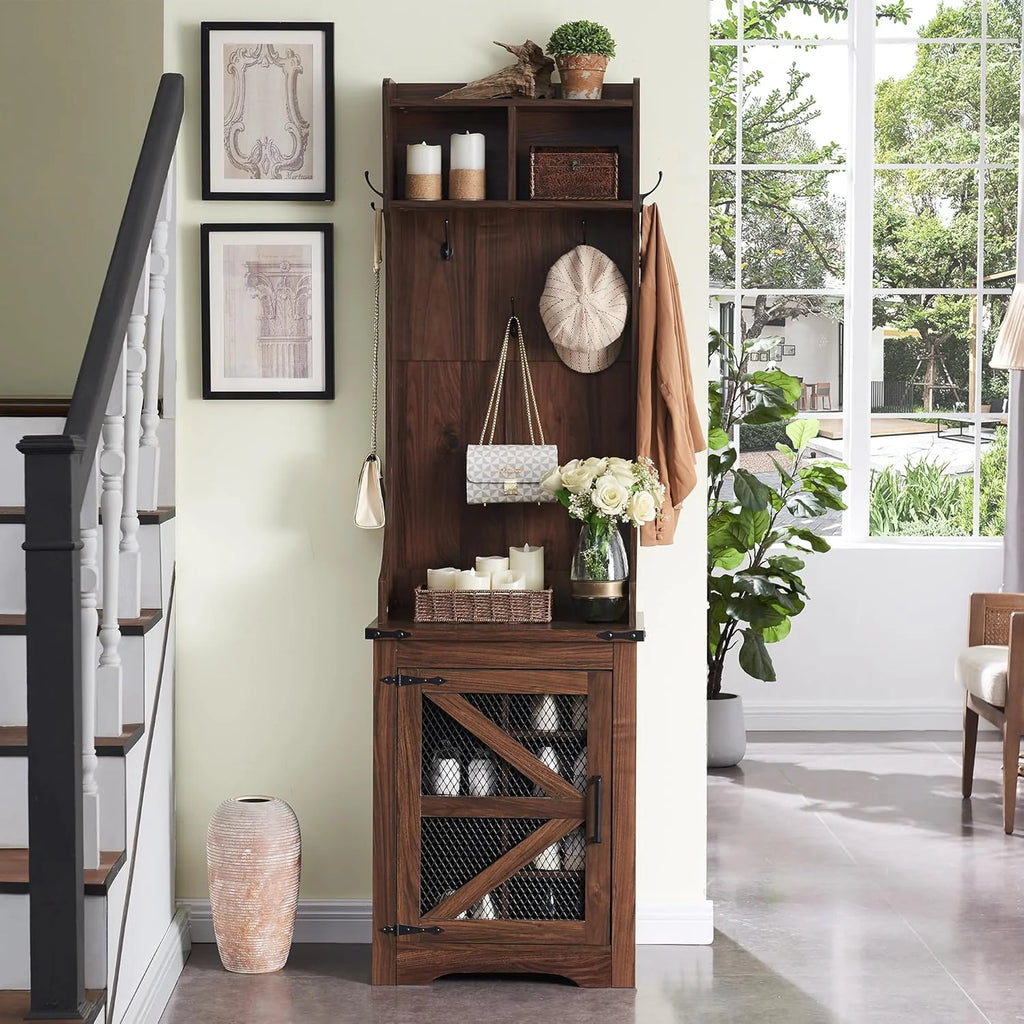 JXQTLINGMU 59 Farmhouse Hall Tree with Shoe Storage, Entryway Bench with 20 Cubbies, 12 Hooks & Sliding Barn Doors, Mudroom Coat Rack Cabinet, Off White