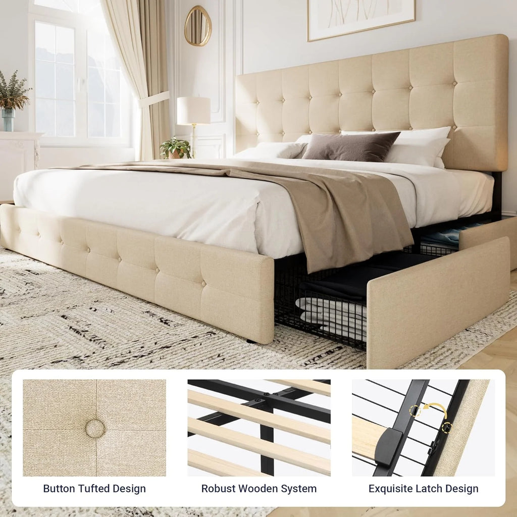 Allewie Upholstered Queen Size Platform Bed Frame with 4 Storage Drawers and Headboard