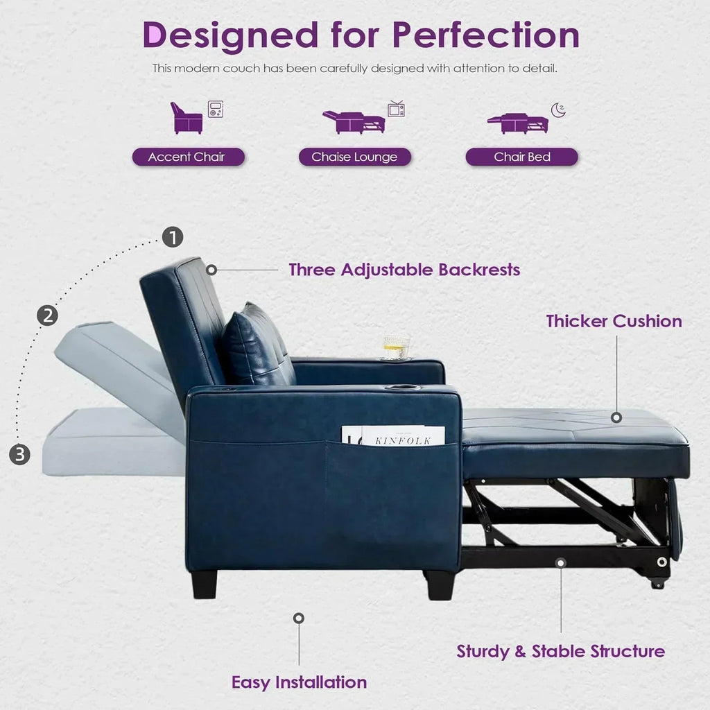 Adult Convertible Sleeper Chair Bed 3-in-1 Pull-Out Sofa Bed with USB/Type-C Ports Cup Holders