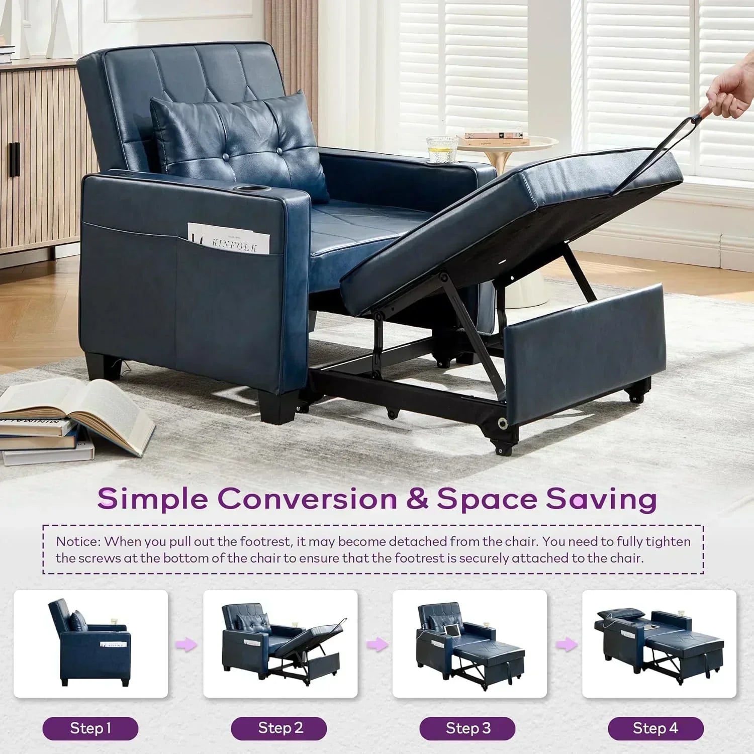 Adult Convertible Sleeper Chair Bed 3-in-1 Pull-Out Sofa Bed with USB/Type-C Ports Cup Holders