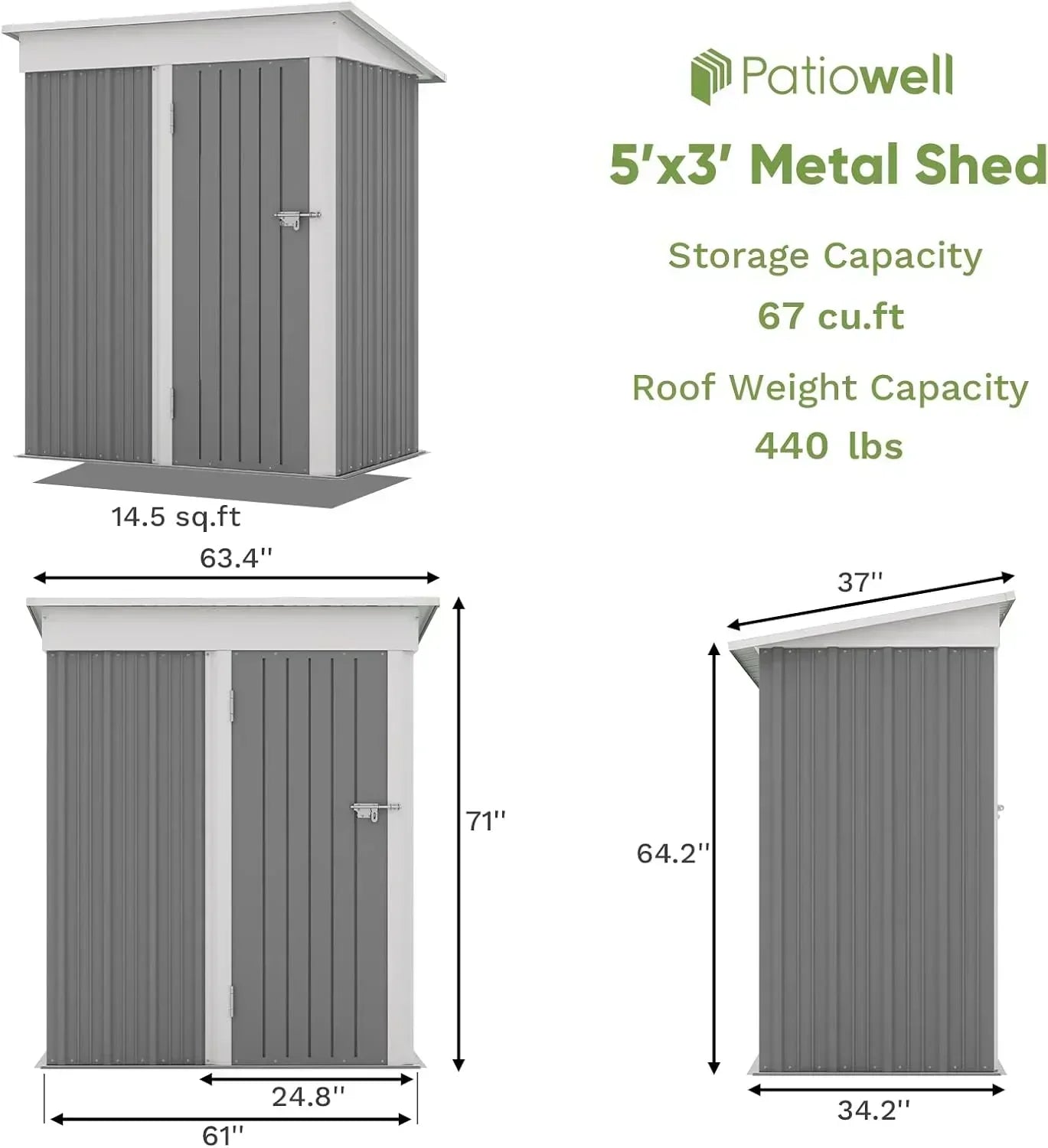 Patiowell 5x3 FT Outdoor Storage Shed Tool Shed with Sloping Roof and Lockable Door Metal Shed