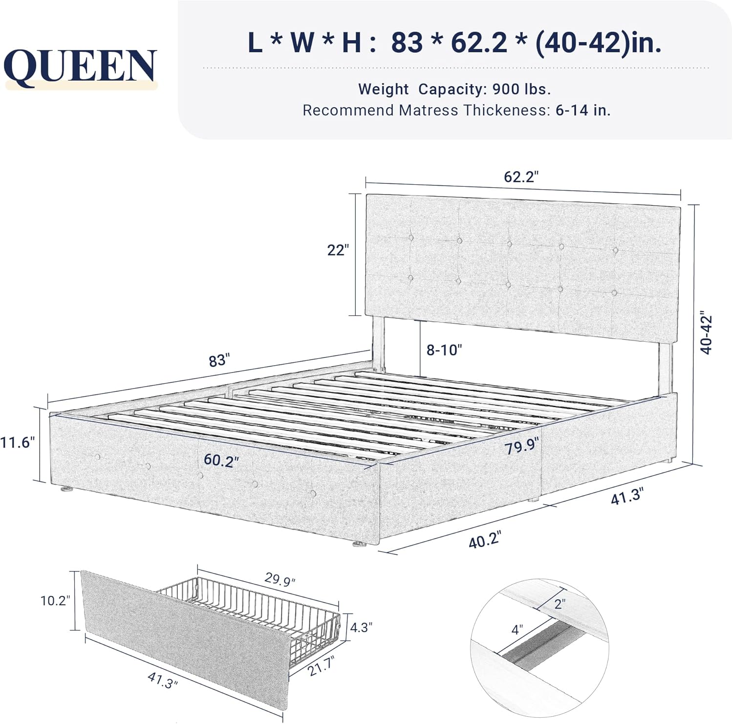 Allewie Upholstered Queen Size Platform Bed Frame with 4 Storage Drawers and Headboard