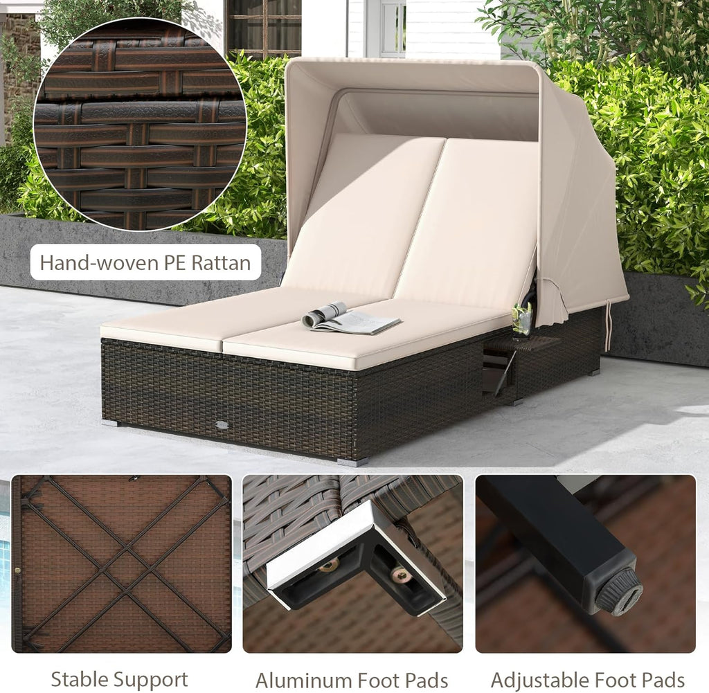 RELAX4LIFE Outdoor Daybed Retractable Canopy Wicker Double Chaise Lounge 6-Position Backrest