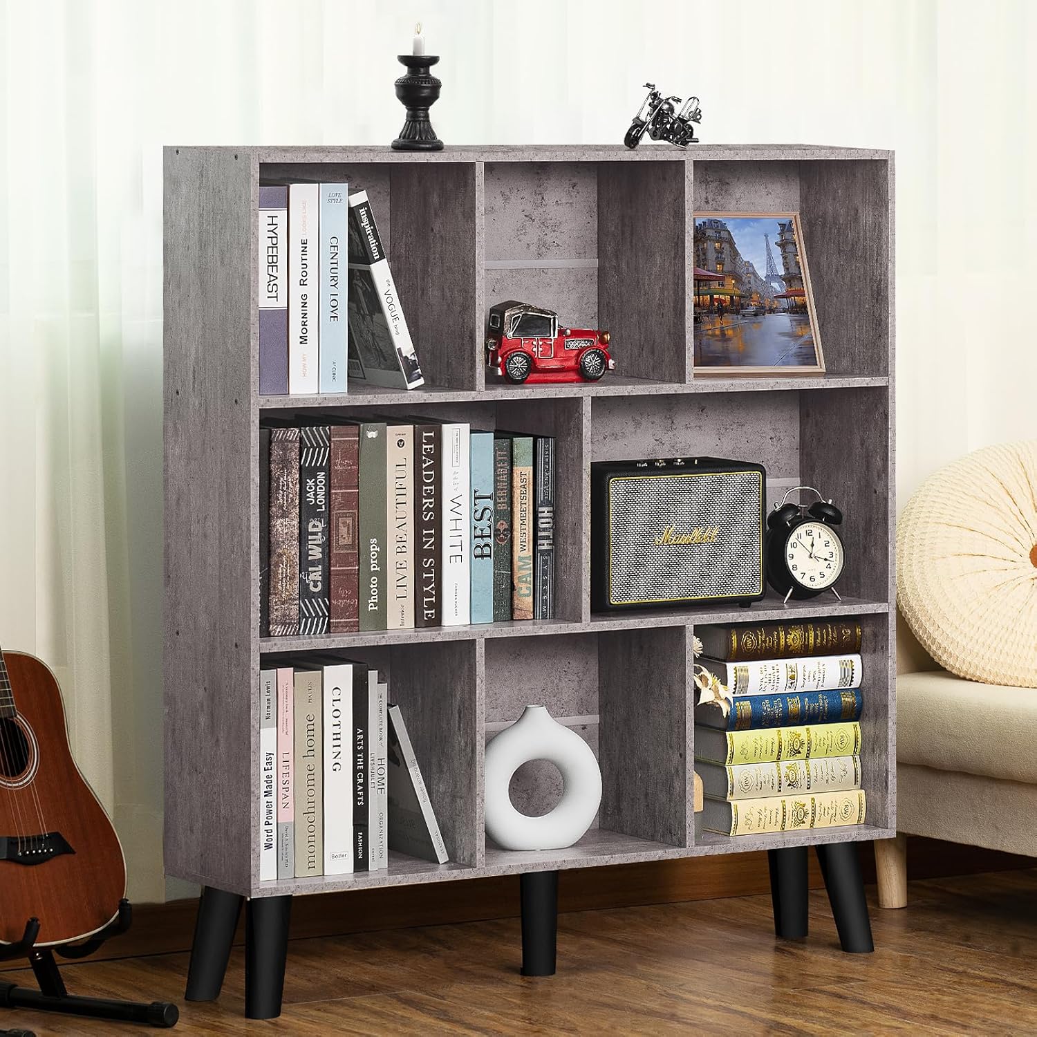 LEYAOYAO Wooden 7 Cube Book Shelf Natural Bookshelf Legs Modern Open Storage Organizer