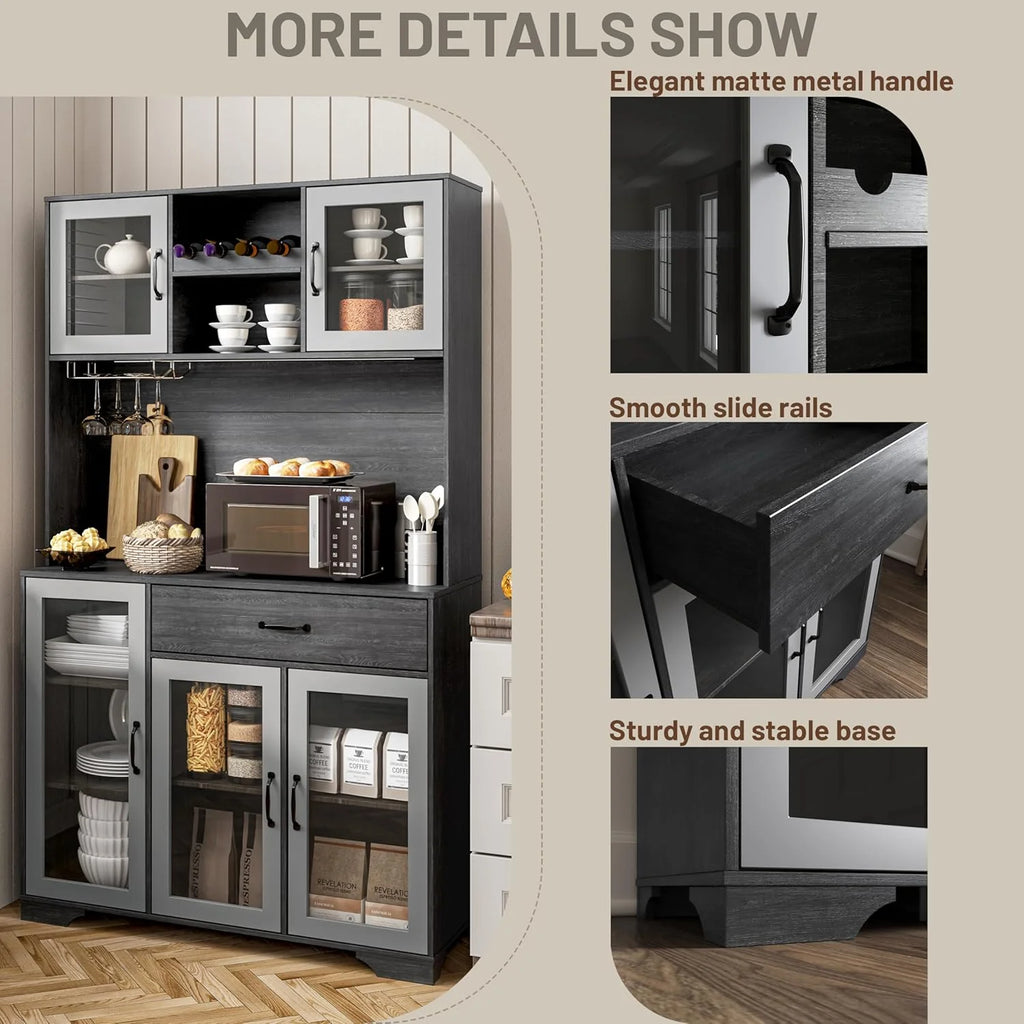 Kitchen Hutch Pantry Cabinet 71 Tall with Glass Doors