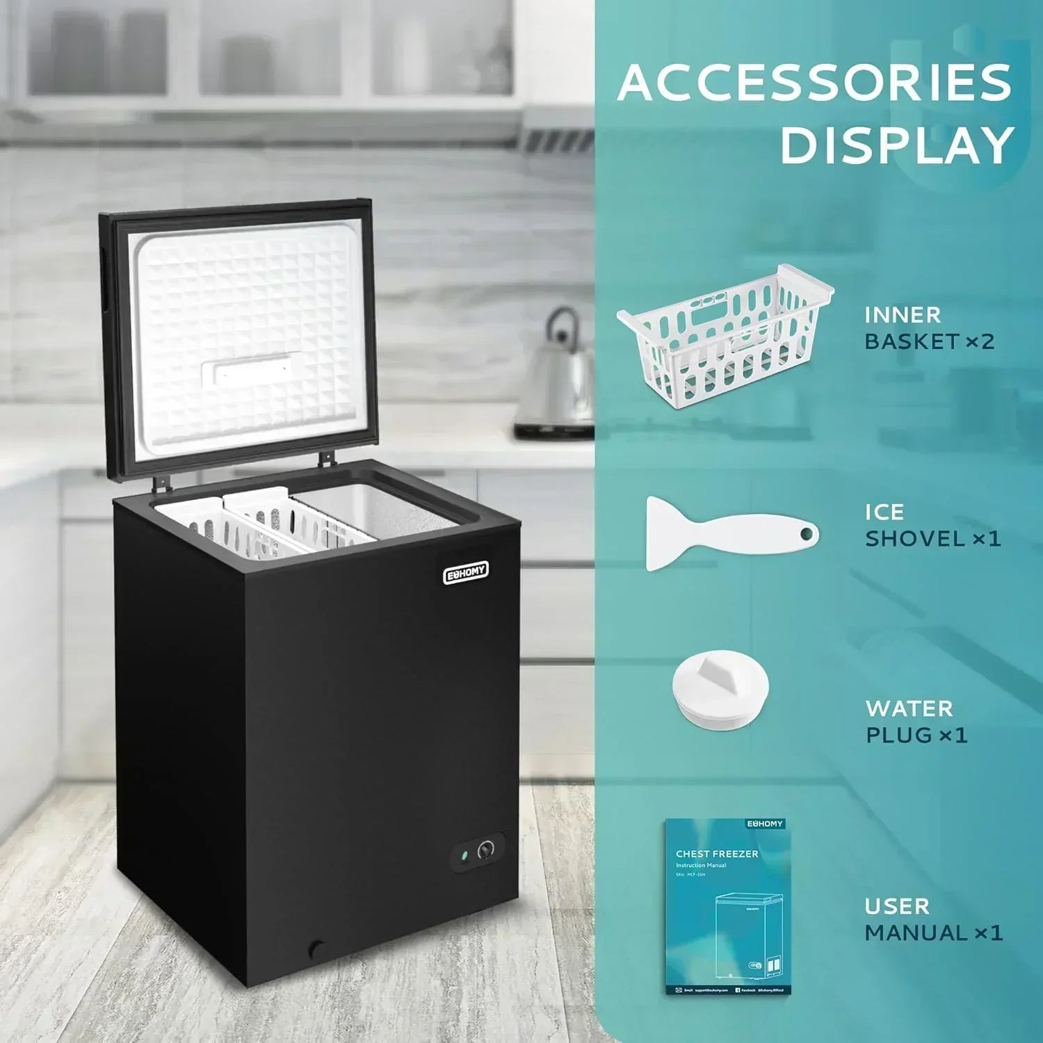 EUHOMY 3.5 Cu.Ft Chest Freezer with Removable Basket Small Deep Freezer Adjustable 7 Thermostat