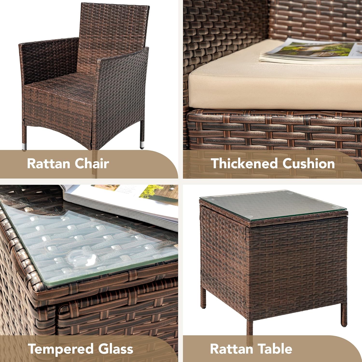 Devoko Patio Porch Furniture Sets 3 Pieces PE Rattan Wicker Chairs Outdoor Garden Furniture Sets