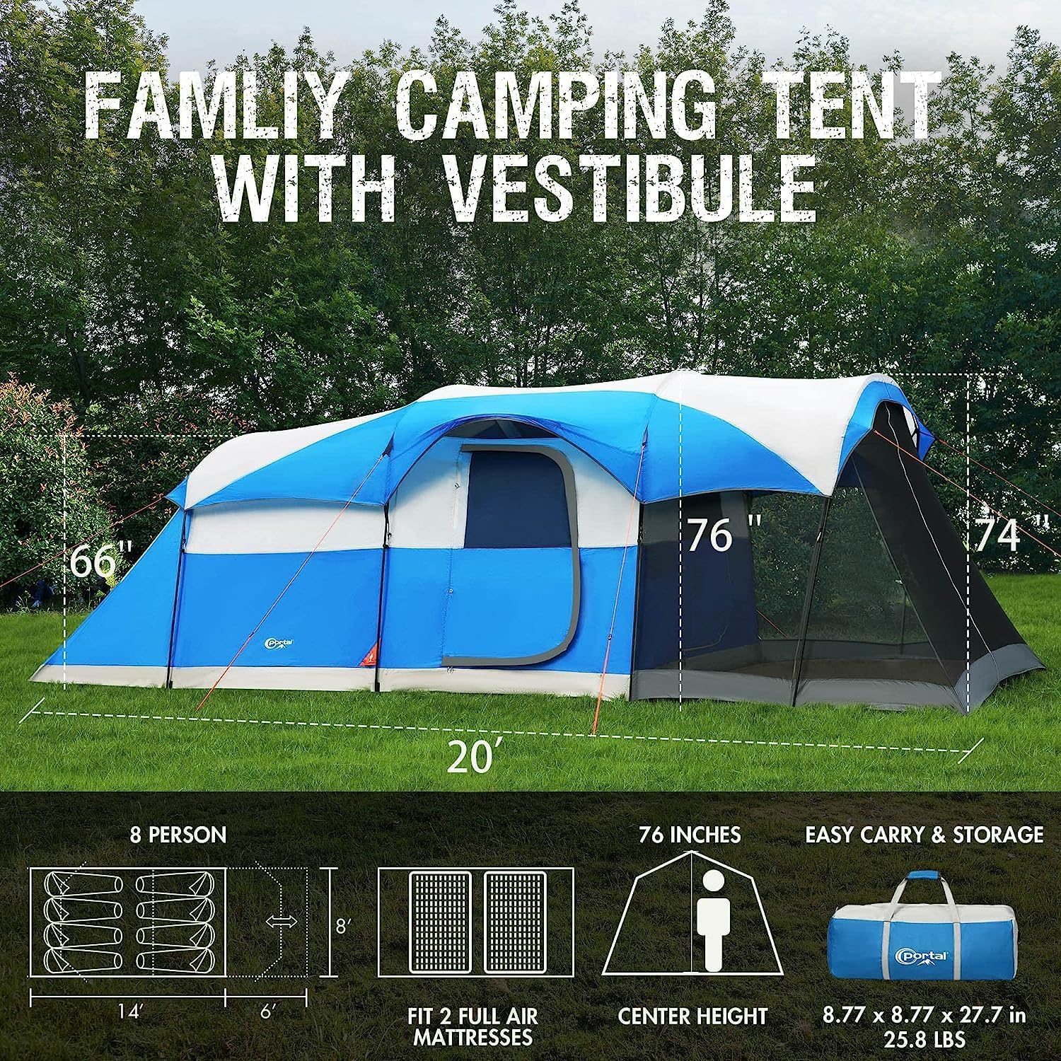 PORTAL 6/8/10 Person Family Camping Tent with Screen Room Water Resistant Big Tunnel Tent