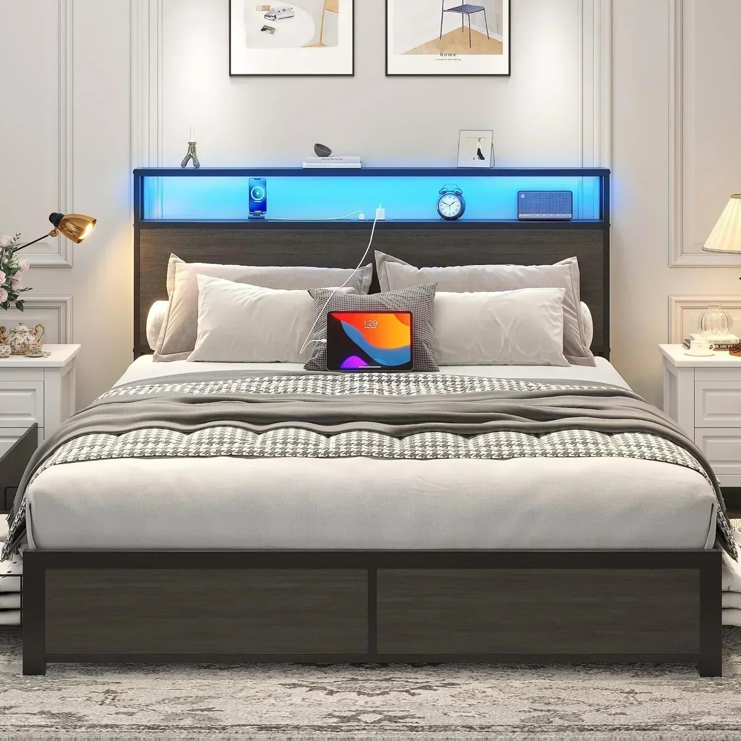 Lifezone Queen Bed Frame 2-Tier Storage Headboard Metal Platform Bed Frame 4 Storage Drawers
