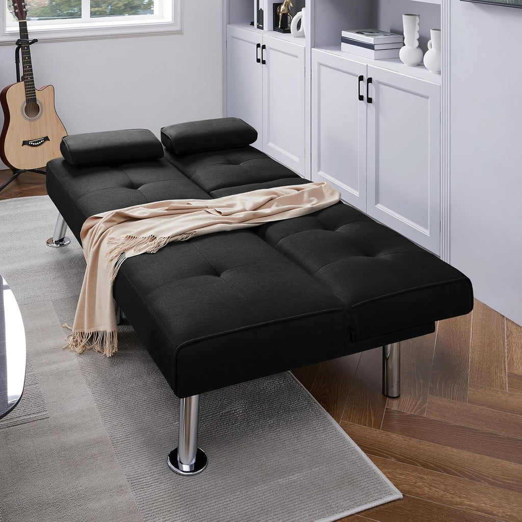 Yaheetech Convertible Sofa Bed Adjustable Couch Sleeper Modern Faux Leather Home Recliner Reversible Loveseat Folding Daybed Guest Bed, Removable Armrests, Cup Holders, 3 Angles, 772lb Capacity, Brown
