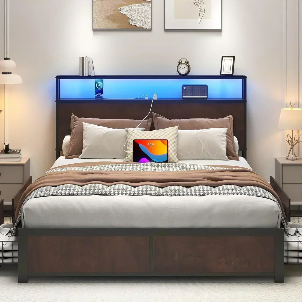Lifezone Queen Bed Frame 2-Tier Storage Headboard Metal Platform Bed Frame 4 Storage Drawers