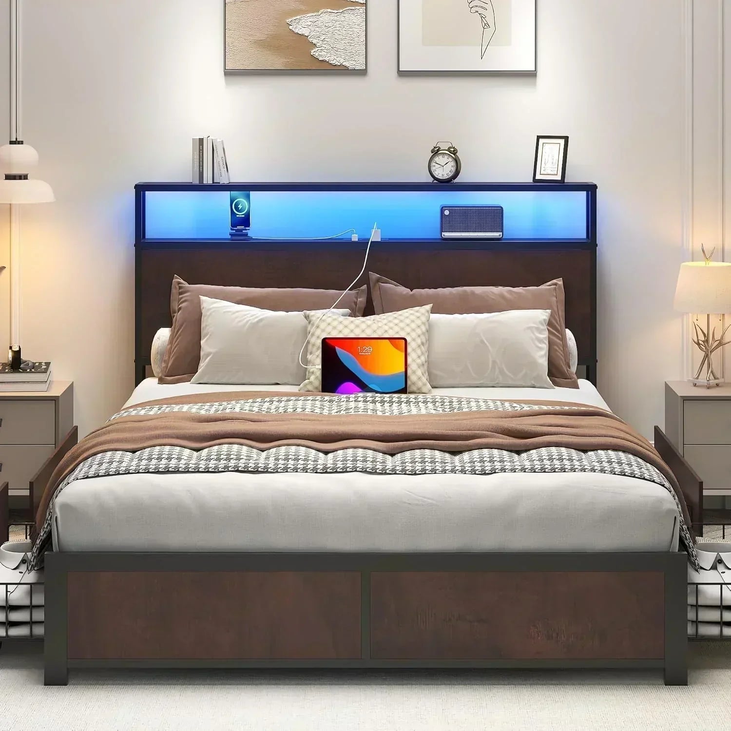 Lifezone Queen Bed Frame 2-Tier Storage Headboard Metal Platform Bed Frame 4 Storage Drawers