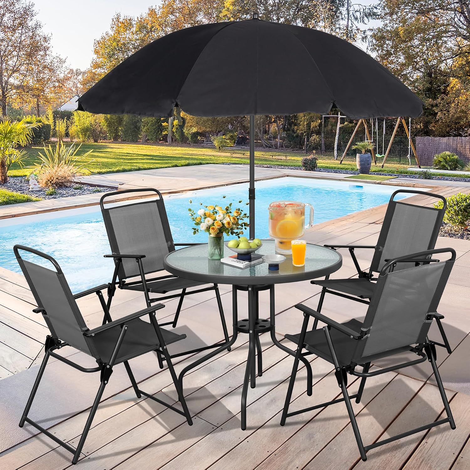 Vongrasig 6 Piece Folding Patio Dining Set Small Metal Outdoor Garden Patio Table and Chair Set