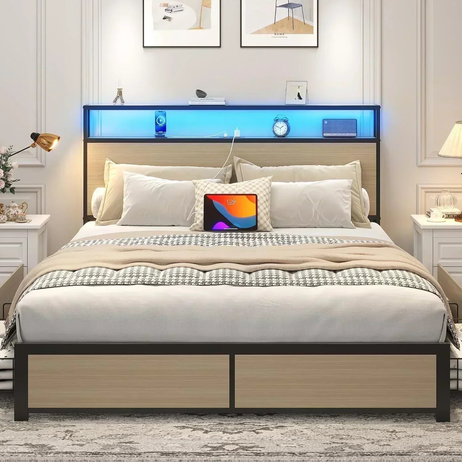 Lifezone Queen Bed Frame 2-Tier Storage Headboard Metal Platform Bed Frame 4 Storage Drawers