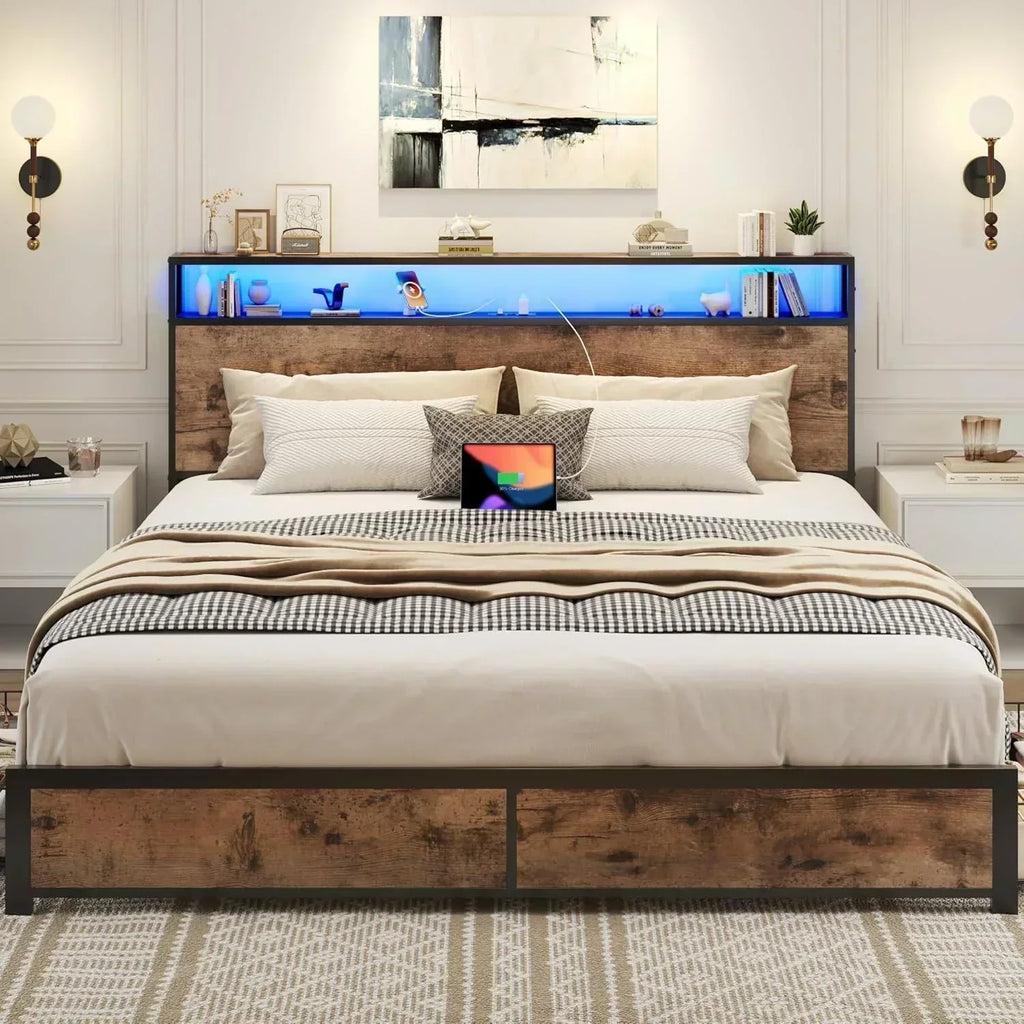 Lifezone Queen Bed Frame 2-Tier Storage Headboard Metal Platform Bed Frame 4 Storage Drawers