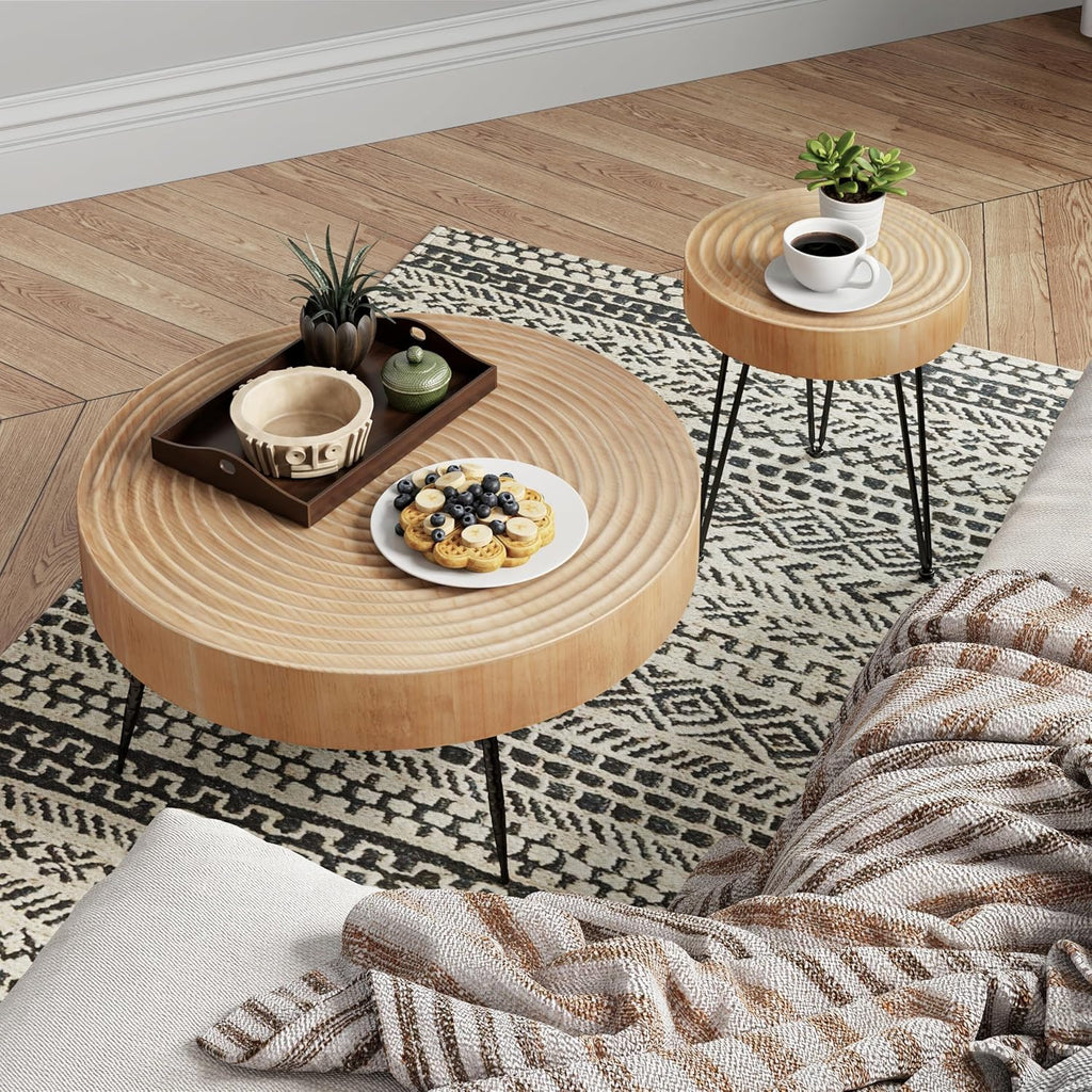 Two-Piece Modern Farmhouse Living Room Coffee Table Set Round Nesting Tables