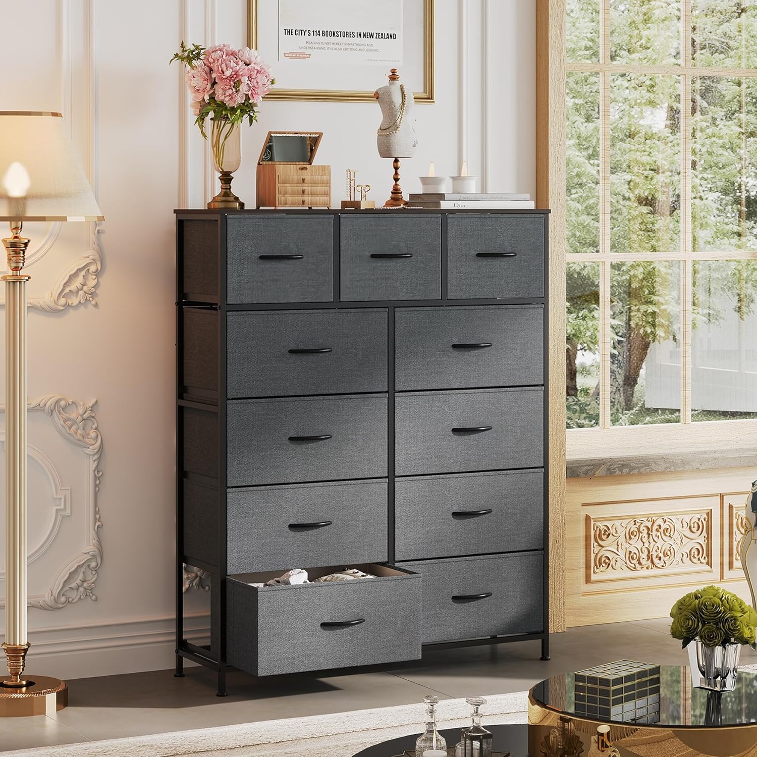 Storage Organizer Unit 11 Fabric Bins Storage Drawers Organizer Steel Frame Tall Storage Tower