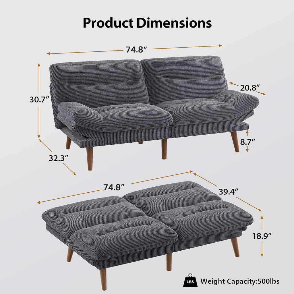 Pipishell Convertible Futon Sofa Bed,66 Corduroy Futon Couch with Adjustable Backrest and Armrests, Recliner Sleeper Sofa for Small Spaces, Play Room or Office, Grey