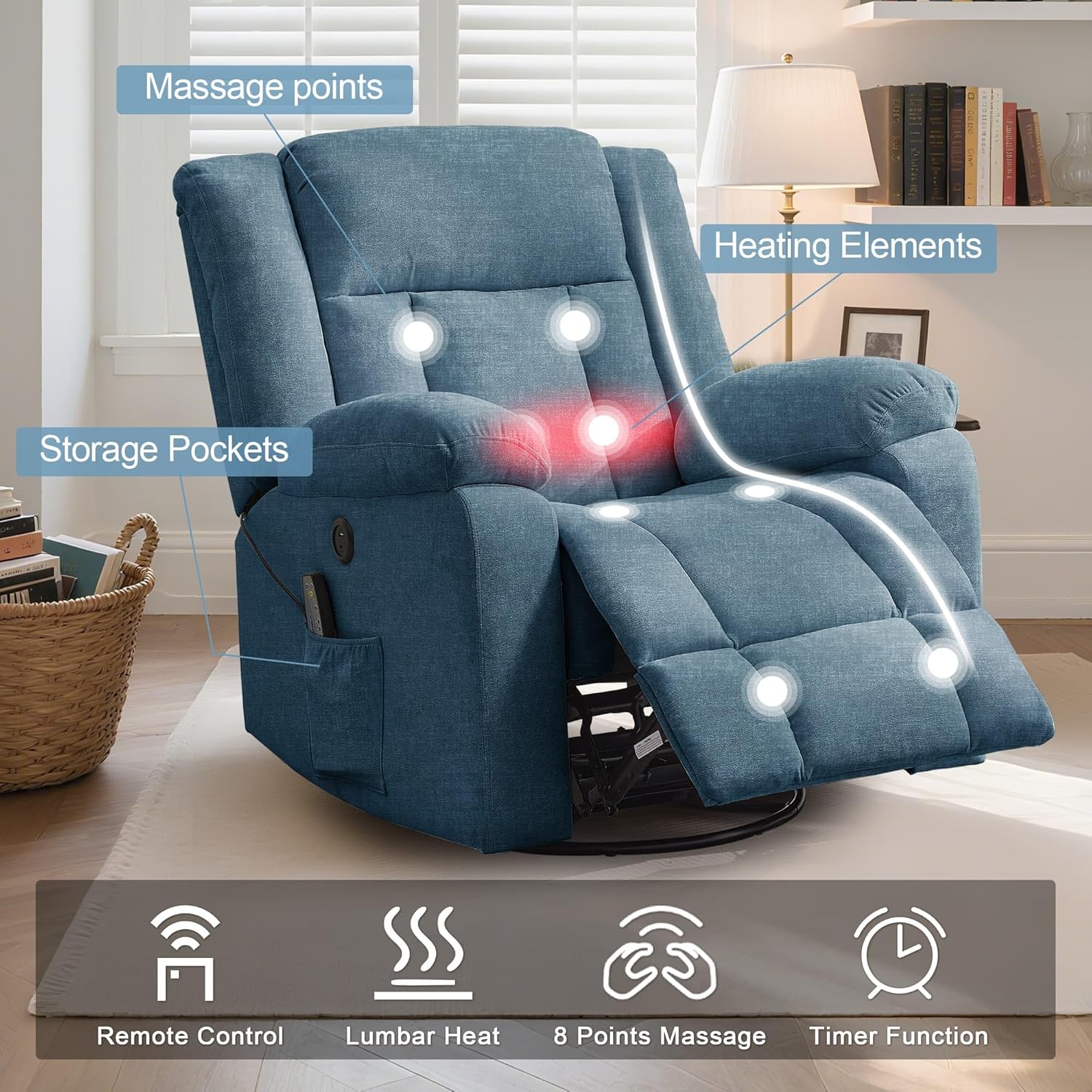Rocker Recliner, Glider Recliner Chairs for Adults, 360�� Swivel Rocking Chair with Massage and Heating, Nursery Chair