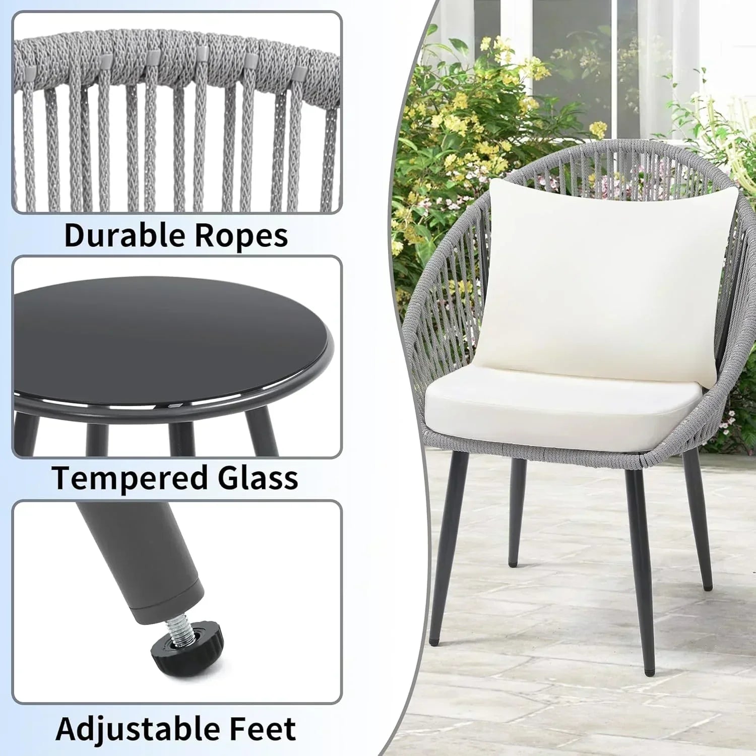 3 Piece Bistro Set Woven Rope Chair with Cushions All Weather Patio Conversation Set Side Table