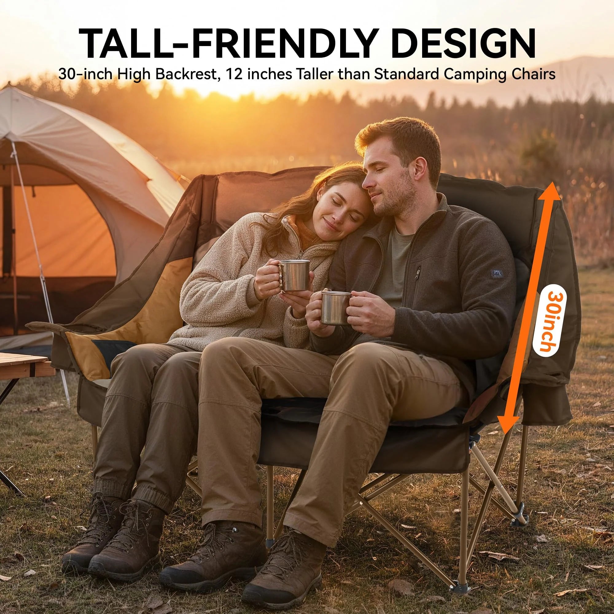 High Back Double Camping Chair Low Seat Folding Loveseat with Cup Holders and Carry Bag 800 lbs