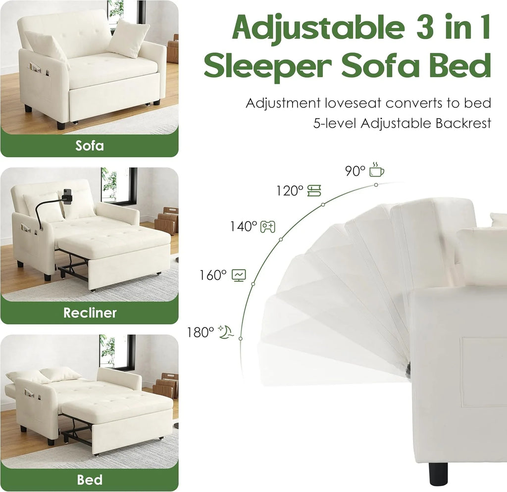 Sleeper Sofa Bed, 3 in 1 Convertible Sleeper Couch Bed Pull Out, Small Loveseat Sofa, Futon Sofa Bed Full Size, 46 Velvet Love Seat