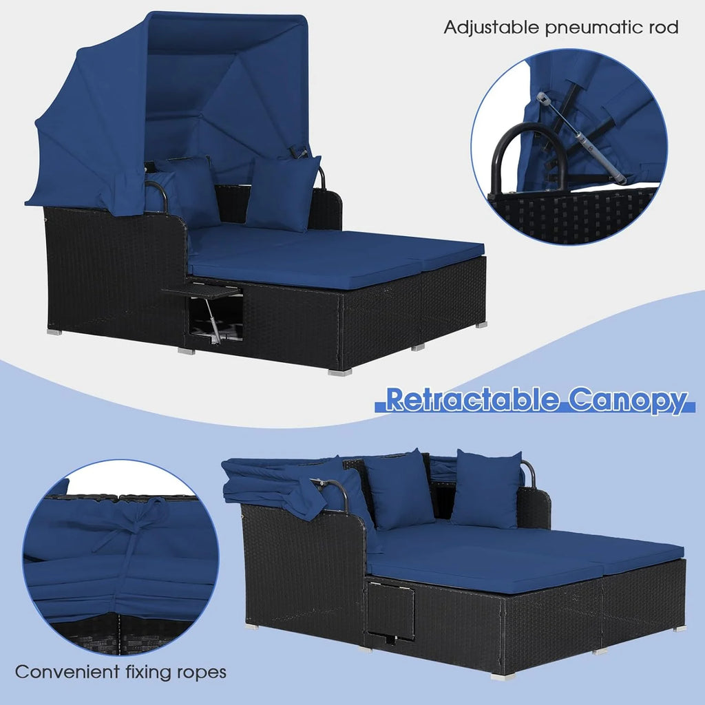 RELAX4LIFE Patio Outdoor Daybed Canopy Wicker Sunbed Cushions Lounge Bed Conversation