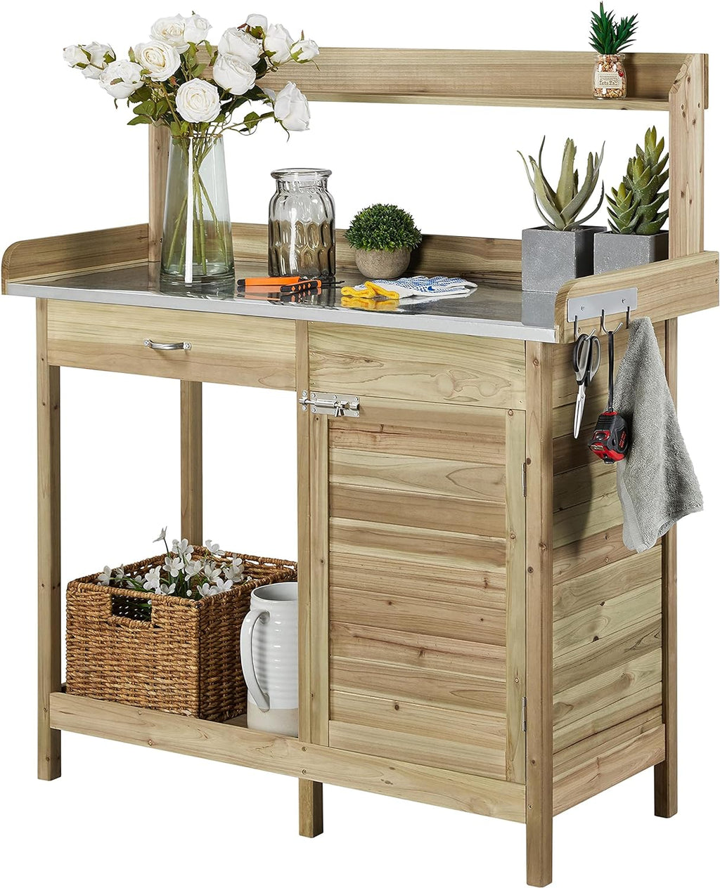 Yaheetech Outdoor Garden Potting Bench Table Work Bench Metal Tabletop W/Cabinet Drawer Open Shelf Natural Wood