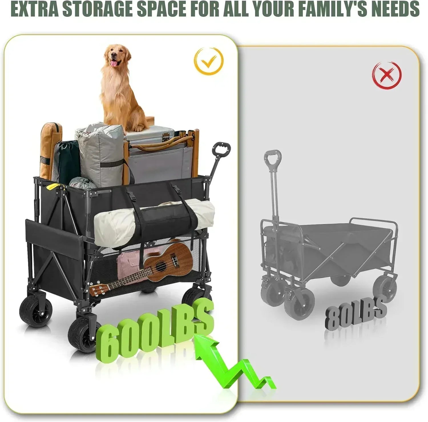 Double Decker Wagon Heavy Duty Collapsible 600LBS 400L Capacity Foldable Utility Cart