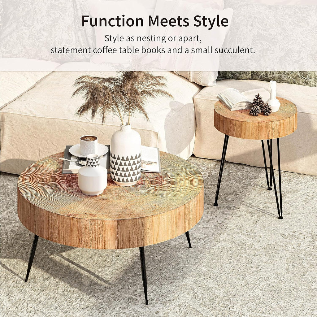 Two-Piece Modern Farmhouse Living Room Coffee Table Set Round Nesting Tables