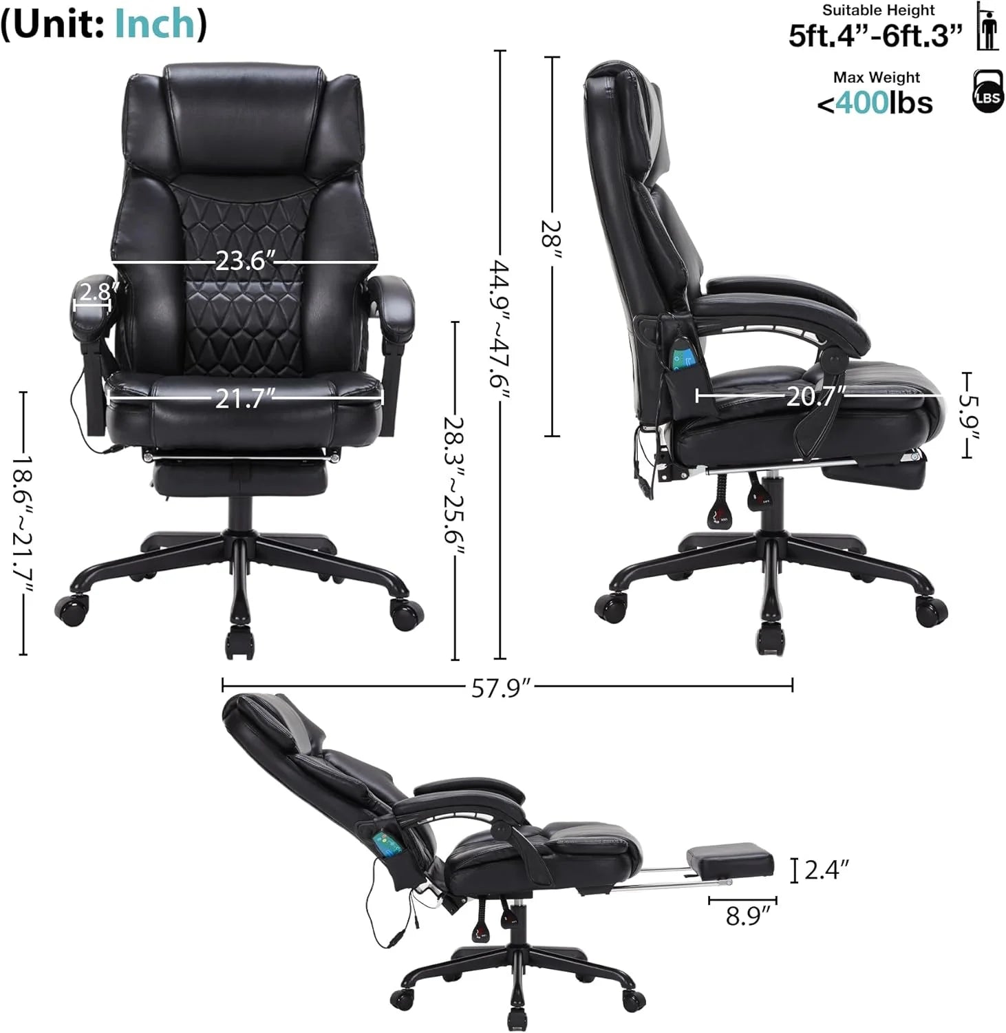 Massage Office Chair with Footrest 6 Point Vibration and Heating Home Executive Office Desk Chair
