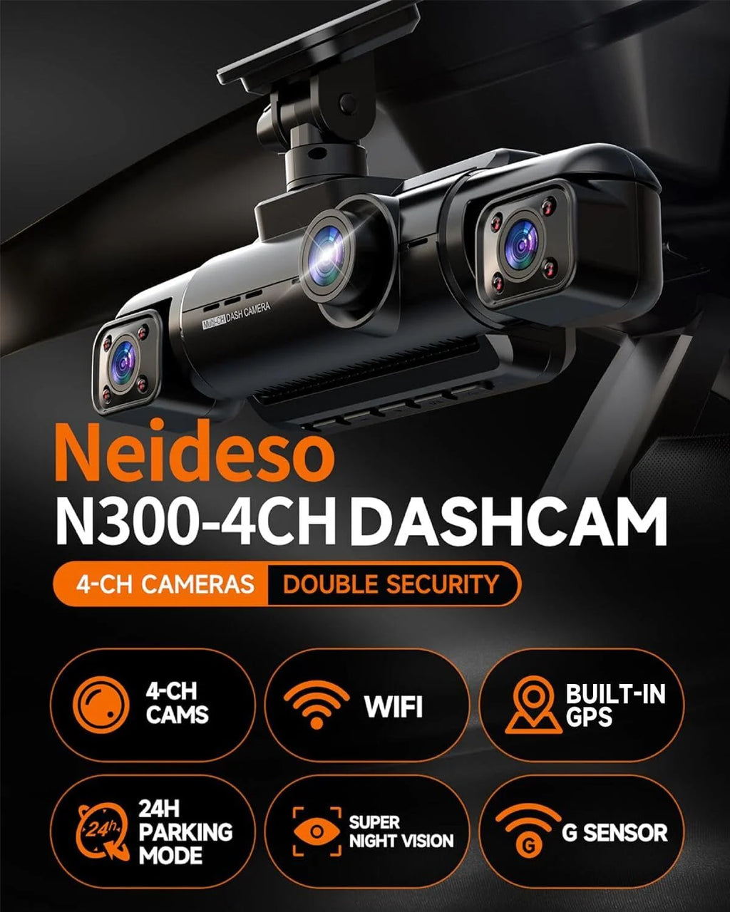 360�� Dash Cam 4-Channel FHD 4*1080P Wi-Fi GPS Voice Control Car Camera, Front 2K+1080P*2 Dash Cam, with 64GB SD Card, Night Vision, 24-Hour Parking Mode
