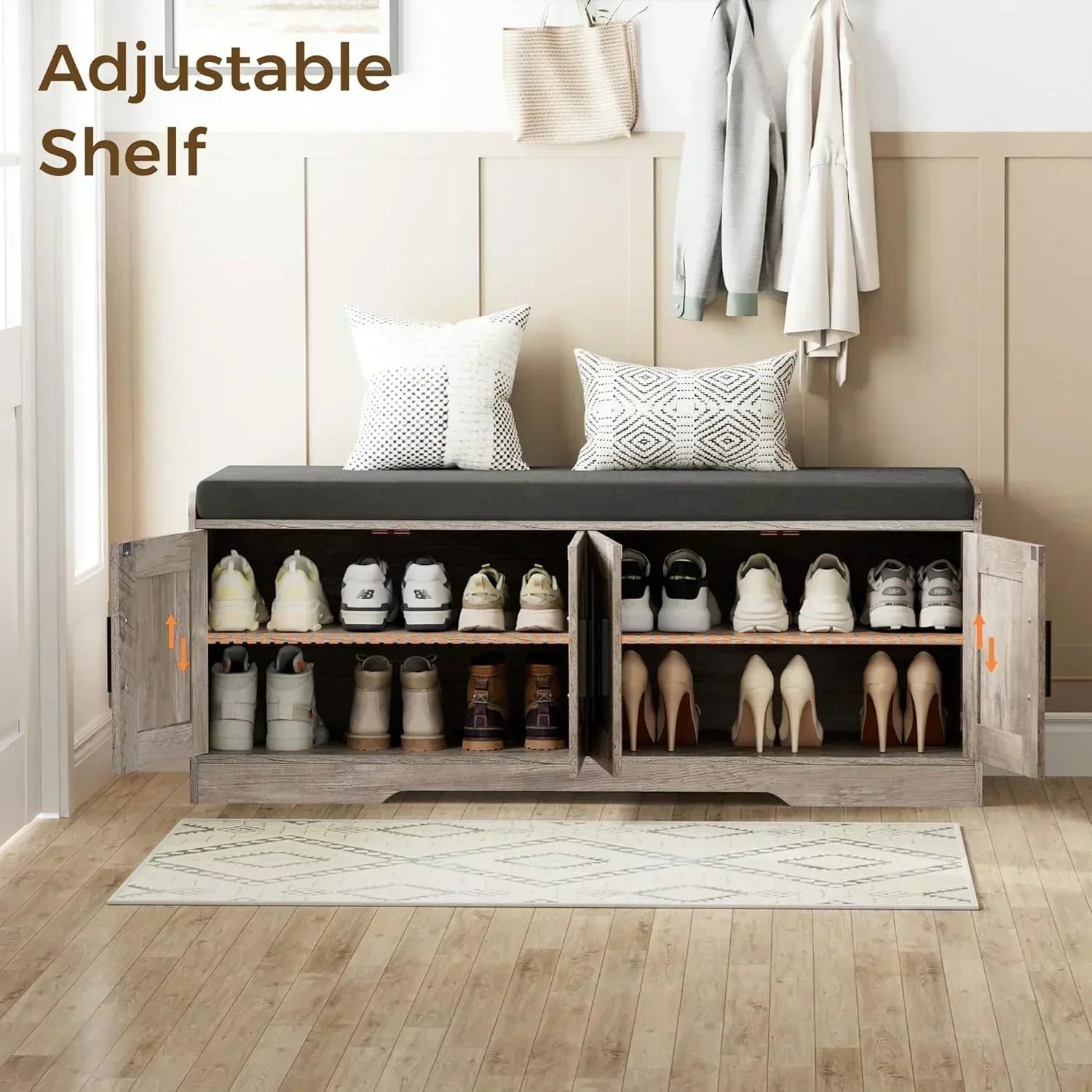 2-Tier Storage Bench Shoe Bench with Thickened Padded Seat Cushion Entryway Bench
