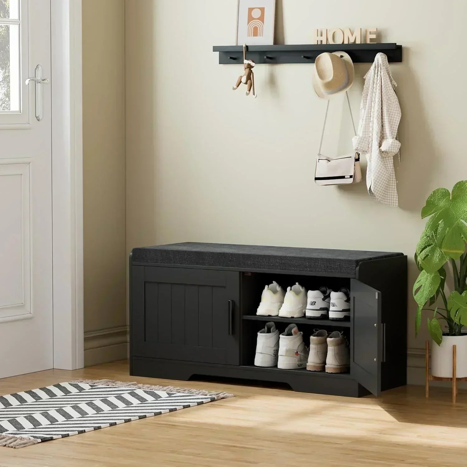 2-Tier Storage Bench Shoe Bench with Thickened Padded Seat Cushion Entryway Bench