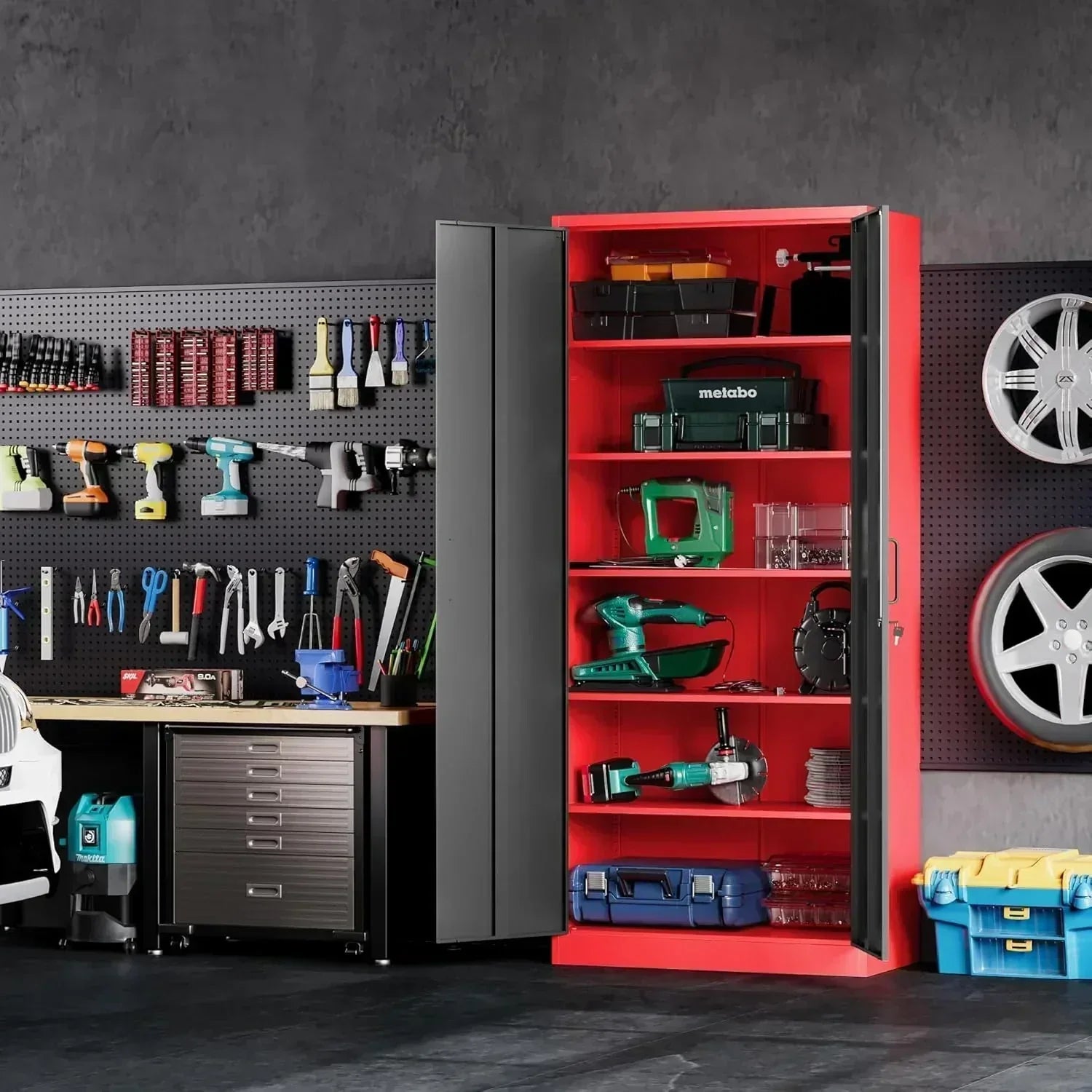 Metal Storage Cabinet with 2 Doors and 6 Shelves Black Metal Cabinet Garage Storage Cabinet