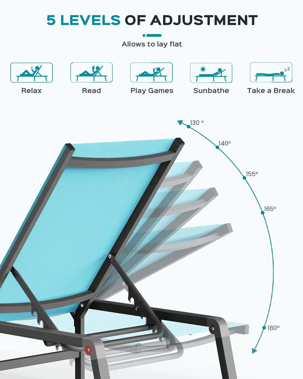 Aluminum Chaise Lounge Outdoor Foldable Assemble Free Outdoor Lounge Chair 5 Adjustable Backrest