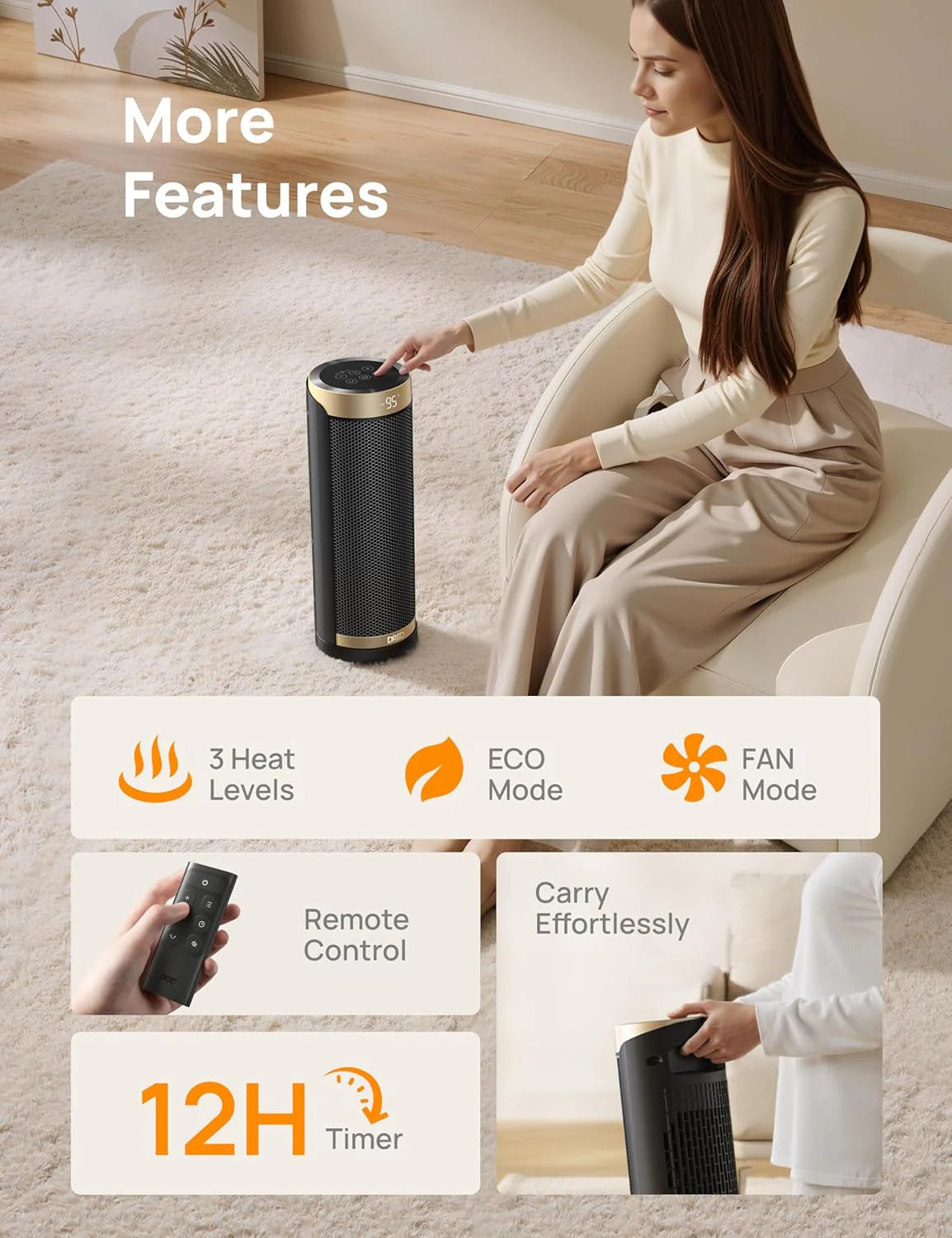 Dreo Space Heater, 1500W Electric Heaters for Indoor Use with Thermostat, 70�� Oscillation, 8 Safety Protections, 5 Modes, Remote, 12H Timer, Quiet Portable Heater for Office, Bedroom, Large Room