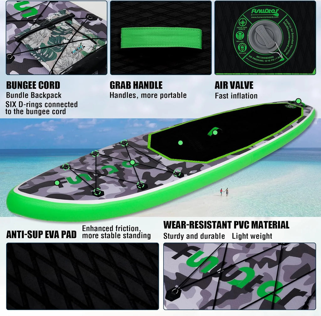 FunWater Inflatable Stand Up Paddle Board with Premium SUP Paddle Accessories, Non-Slip EVA Deck, 11'/10'6' Paddle