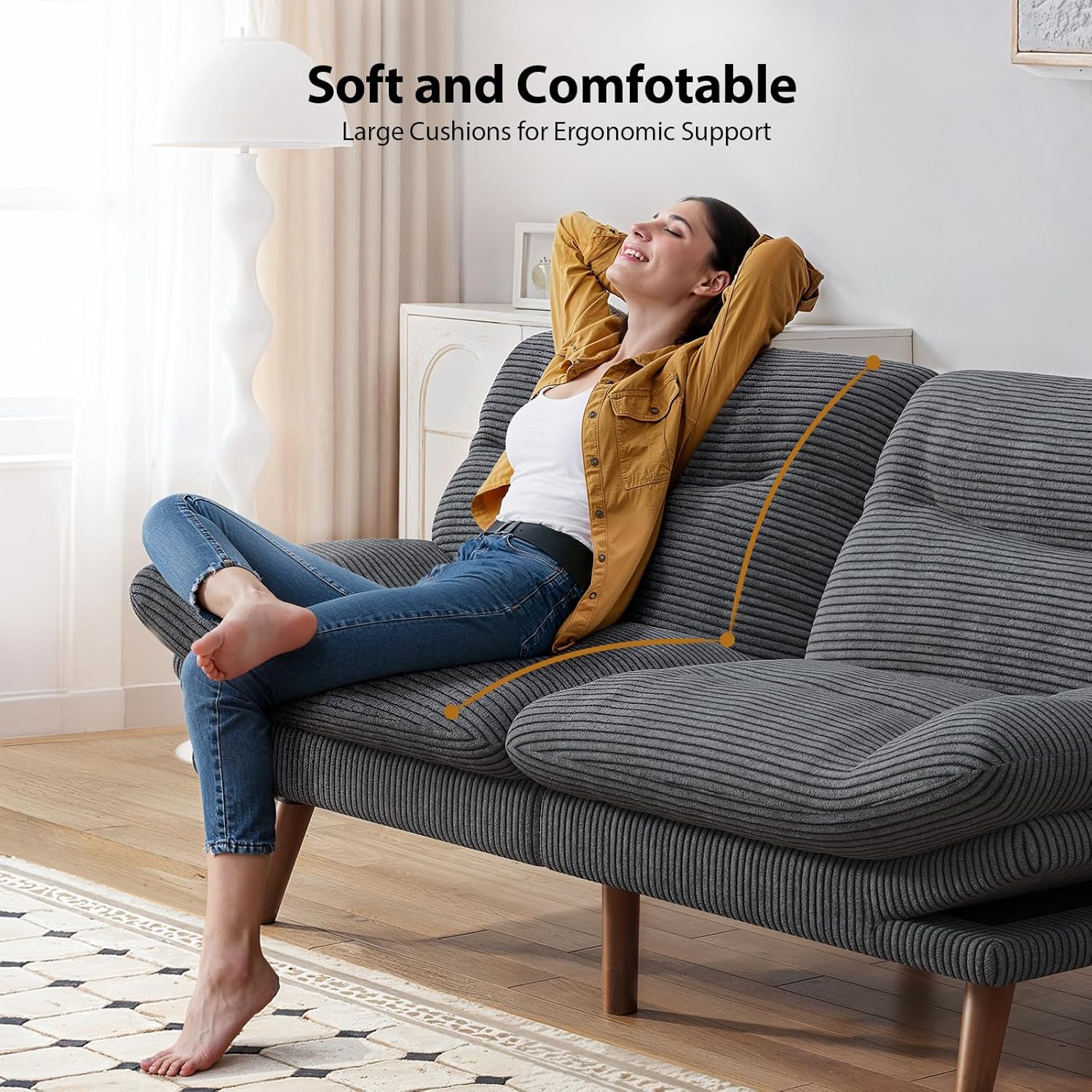 Pipishell Convertible Futon Sofa Bed,66 Corduroy Futon Couch with Adjustable Backrest and Armrests, Recliner Sleeper Sofa for Small Spaces, Play Room or Office, Grey