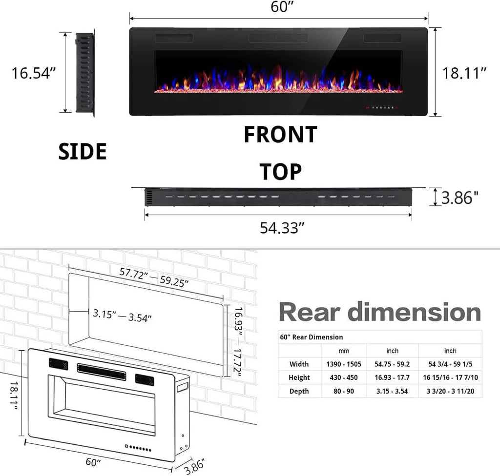R.W.FLAME 60 Recessed and Wall Mounted Electric Fireplace, Low Noise, Fit for 2 x 6 Stud, Remote Control with Timer, Touch Screen, Adjustable Flame Color and Speed, 750-1500W