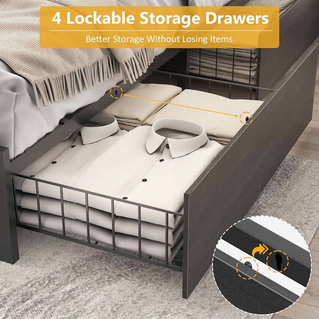 Lifezone Queen Bed Frame 2-Tier Storage Headboard Metal Platform Bed Frame 4 Storage Drawers