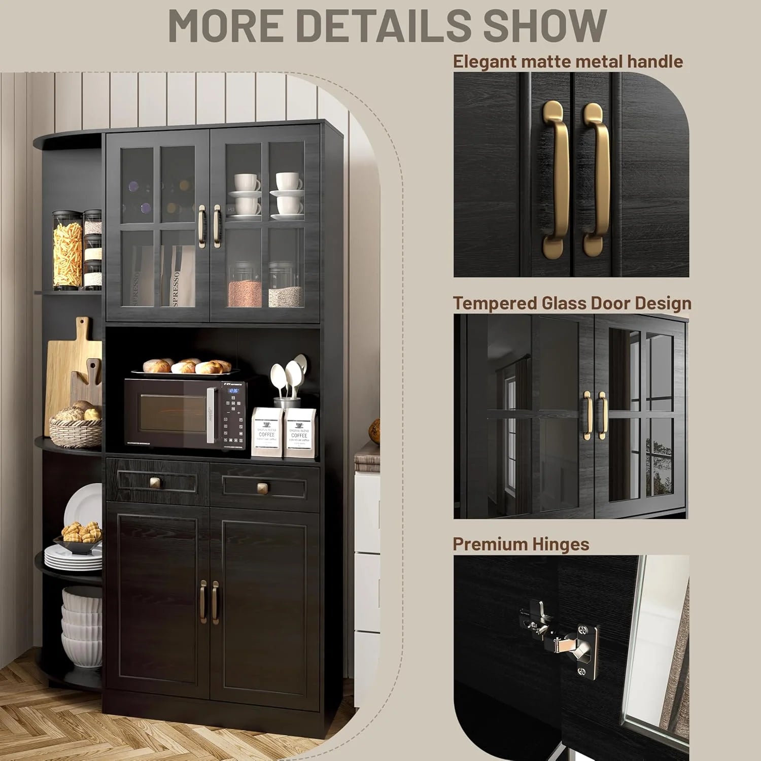 Kitchen Hutch Pantry Cabinet 71 Tall with Glass Doors