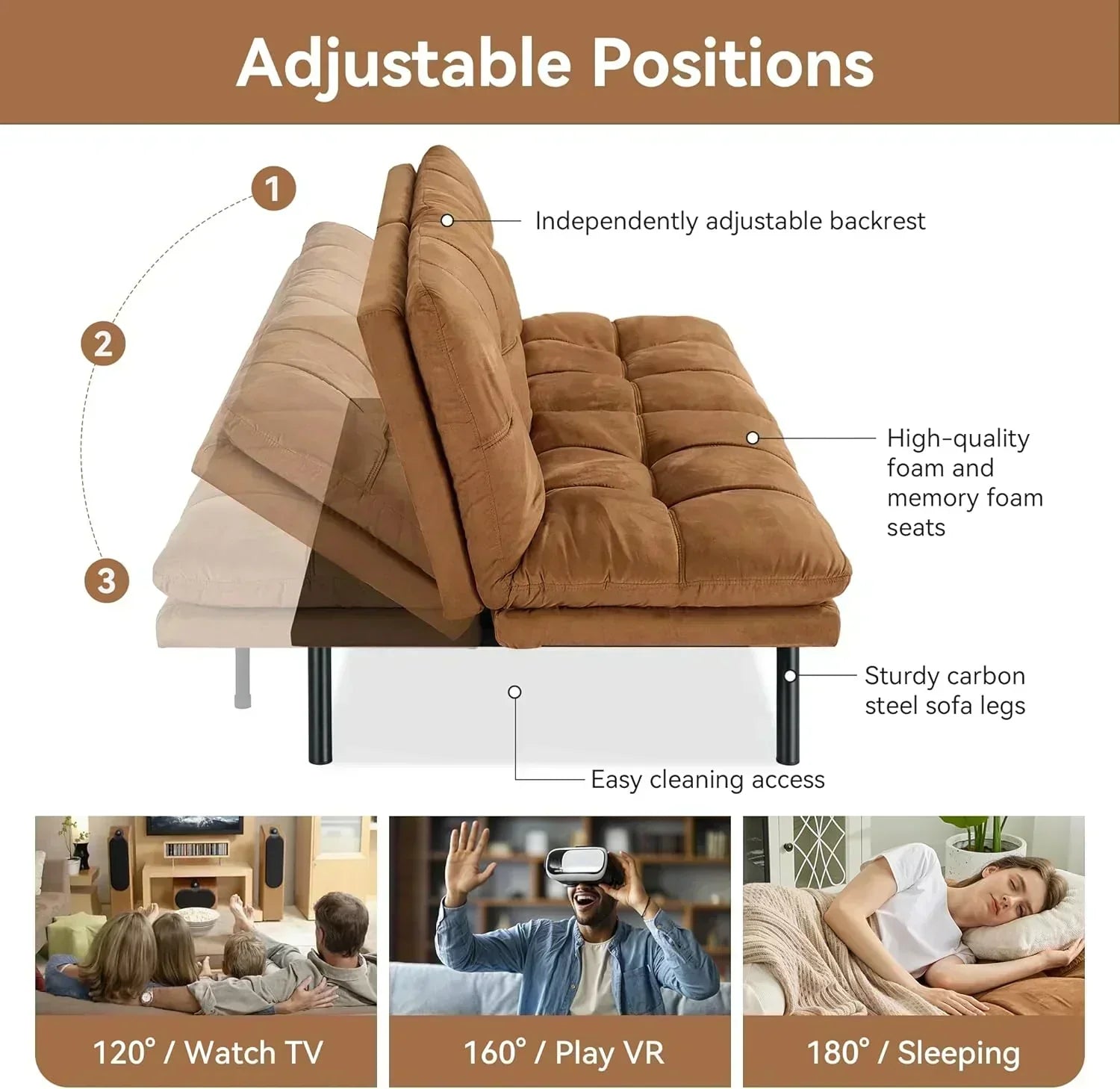 Brown loveseat convertible sofa memory foam futon sofa bed modern sleeper sofa