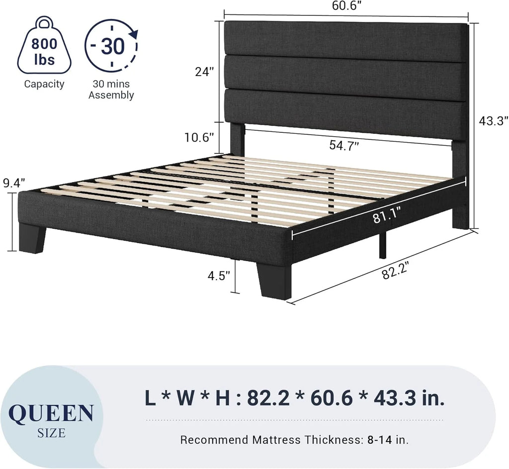 Allewie Queen Size Platform Bed Frame Fabric Upholstered Headboard Wooden Slats Support