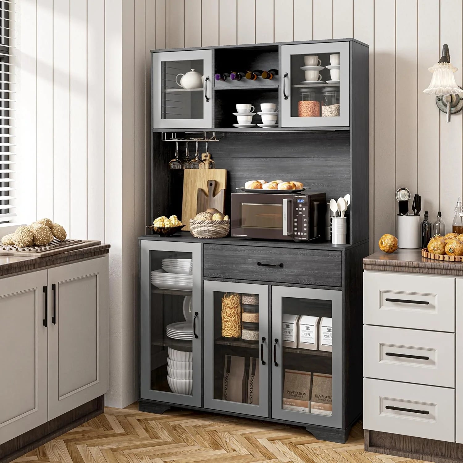 Kitchen Hutch Pantry Cabinet 71 Tall with Glass Doors