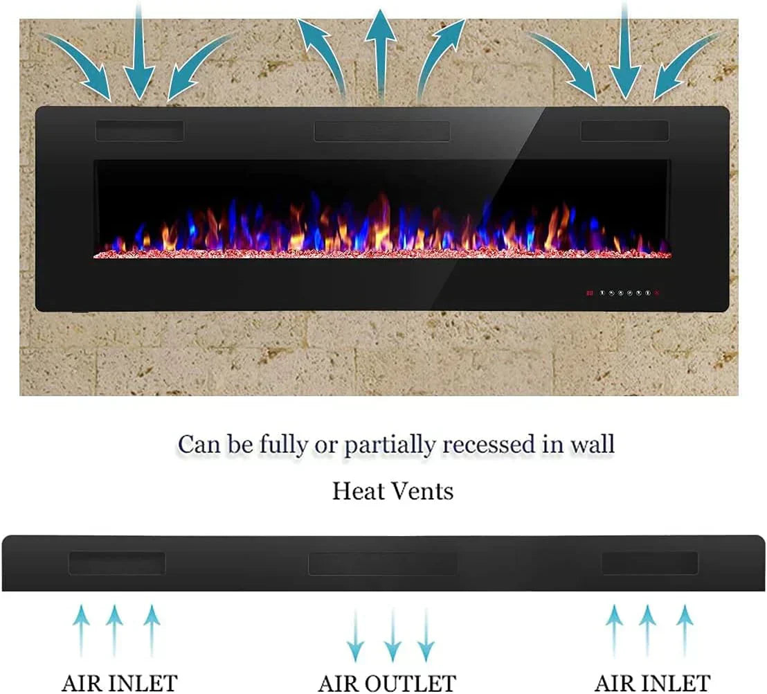 R.W.FLAME 60 Recessed and Wall Mounted Electric Fireplace Low Noise Fit for 2 x 6 Stud