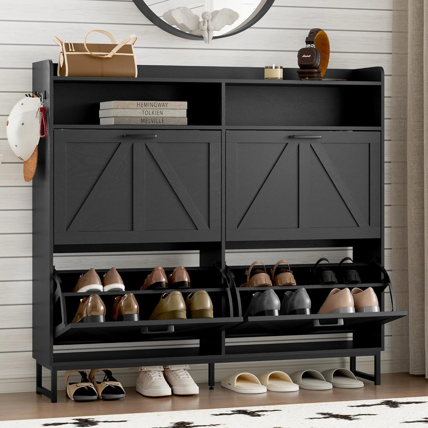 Shoe Cabinet with 2 Flip Drawers Narrow Shoe Storage Cabinet Organizer Wooden Freestanding Rack