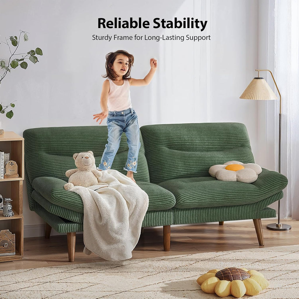 Pipishell Convertible Futon Sofa Bed,66 Corduroy Futon Couch with Adjustable Backrest and Armrests, Recliner Sleeper Sofa for Small Spaces, Play Room or Office, Grey